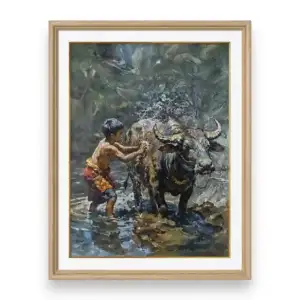 Serene Bond: Boy and Water Buffalo Painting