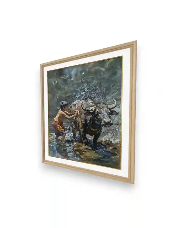 Serene Bond: Boy and Water Buffalo Painting - Image 2