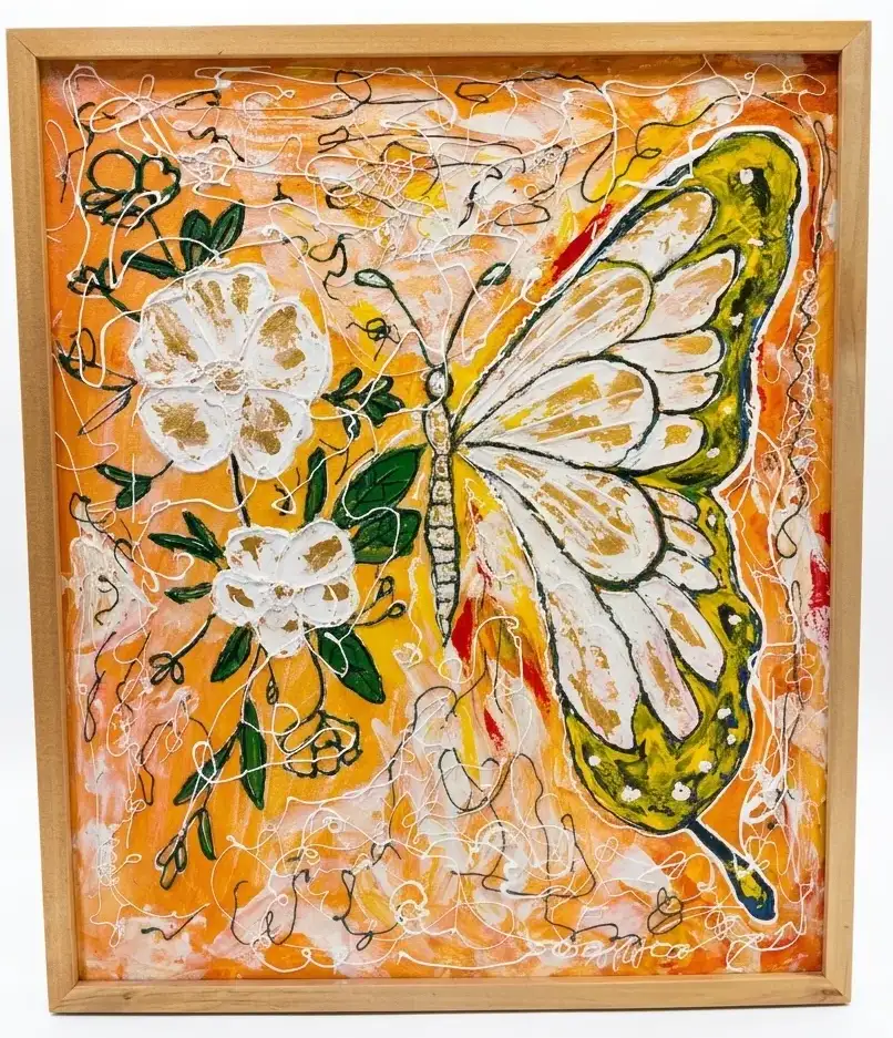 Butterfly painting Bali showing a white and gold butterfly with frangipani flowers in mixed media technique on an orange and gold background, oak frame — original Arts of Bali gallery artwork Seminyak