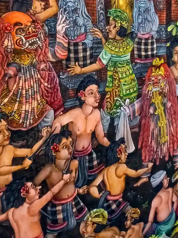 Calonarang: The Cosmic Balance of Bali — original painting depicting the sacred Rangda and Barong myth, Arts of Bali gallery