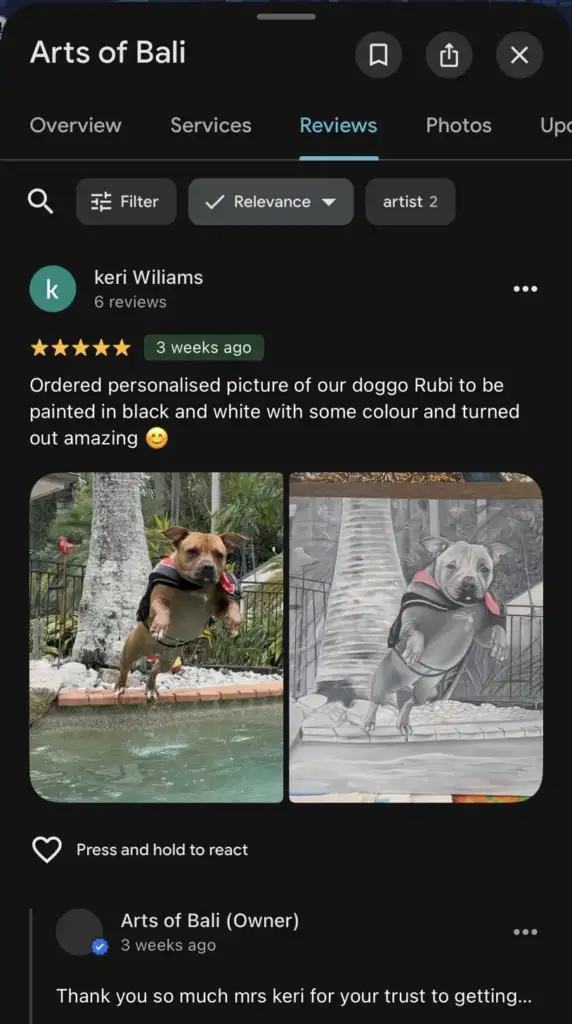how to commission art in Bali : A client review showing a before and after custom dog portrait painting by Arts of Bali.