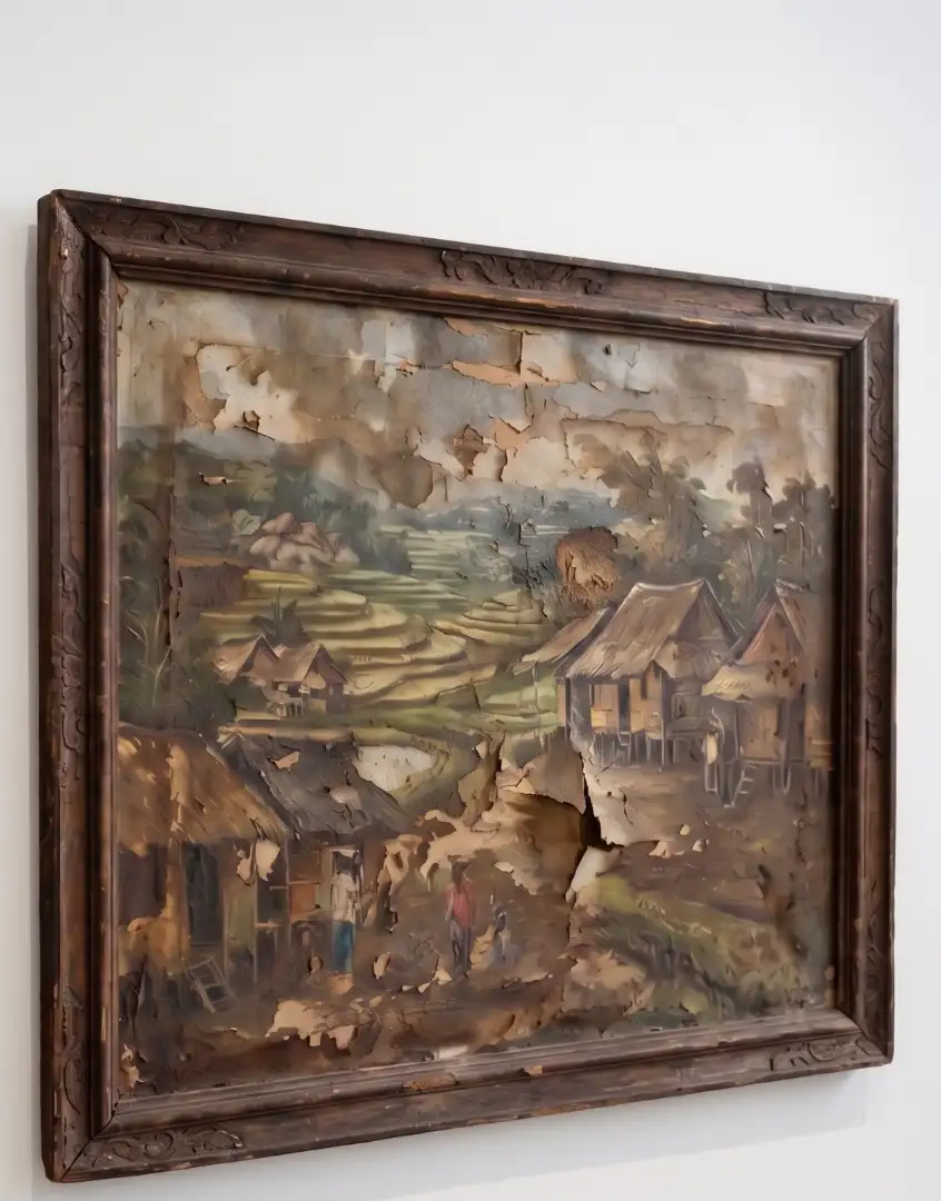 A damaged canvas painting showing severe cracking and peeling paint caused by high tropical humidity and UV exposure