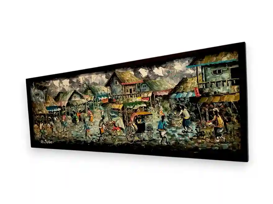 Horizontal Monochrome Market Painting - Arts of Bali Horizontal Monochrome Market Painting - Image 2