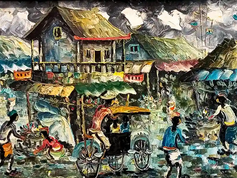 Horizontal Monochrome Market Painting - Arts of Bali Horizontal Monochrome Market Painting - Image 3
