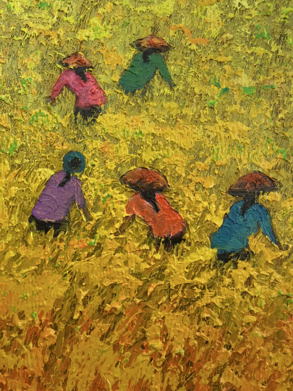 Contemporary Balinese palette knife painting — close-up of five farmers harvesting golden rice field in thick impasto with bright colours pink teal purple orange blue on golden ground