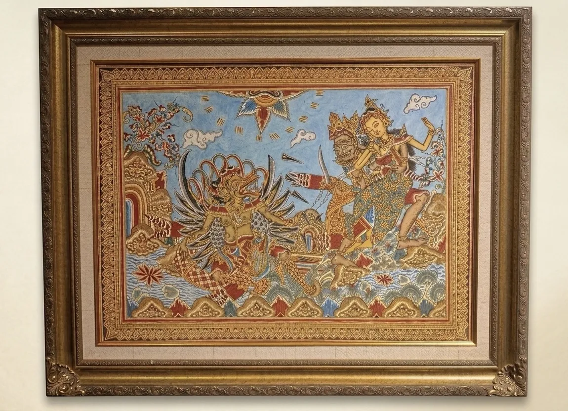 Famous Balinese artists — Kamasan classical style painting showing Garuda and Ramayana mythological figures with ornamental gold border in gilded frame, East Bali tradition