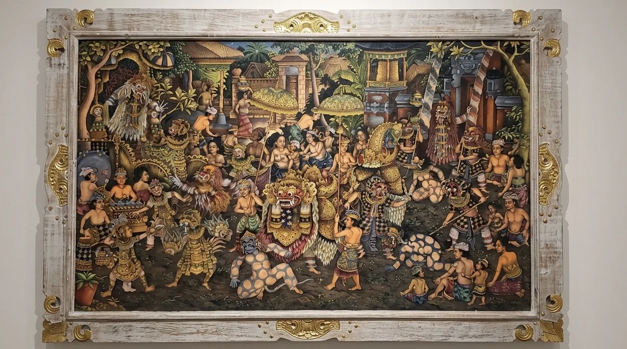 Famous Balinese artists traditional narrative painting — Barong Rangda and Kecak ceremony figures in dense detailed composition with gold carved ornate frame, Balinese mythology