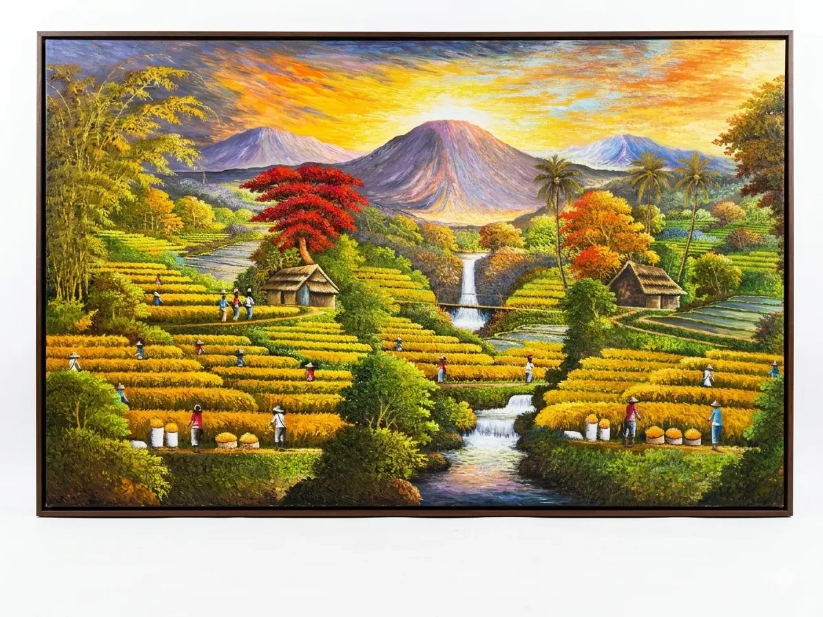 Famous Balinese artists Ubud School — panoramic landscape painting showing rice harvest scene with farmers, volcanic mountains, waterfalls and dramatic sunset sky in rich colour
