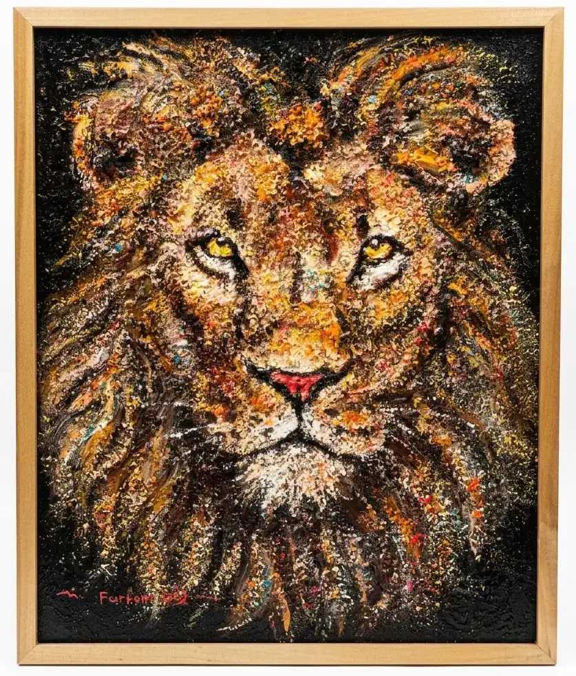 Wildlife painting Bali by Farfan showing a male lion portrait in sand texture mixed media technique with rich amber and black tones against a dark background, gold frame — Arts of Bali gallery Seminyak