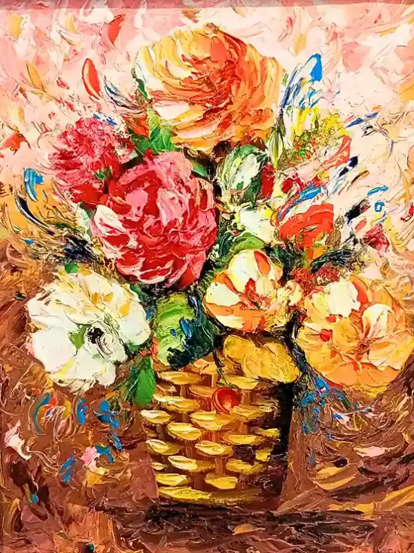 Floral Basket Palette Knife — original Balinese floral painting with textured impasto flower bouquet, Arts of Bali gallery
