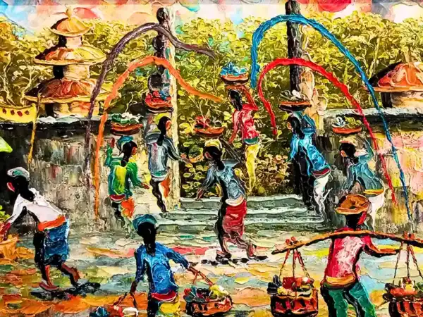 Horizontal Balinese Market — original painting of a traditional pasar market scene in warm tones, Arts of Bali gallery Seminyak
