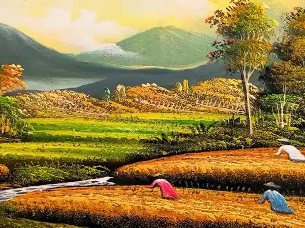 Horizontal Rice Field Landscape — original Balinese sawah and gunung mountain panoramic painting, Arts of Bali gallery Seminyak
