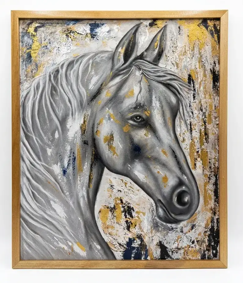 Horse painting Bali showing a grey Arabian horse profile with flowing mane against an abstract gold and black background in oil on canvas, oak frame — original Arts of Bali gallery artwork Seminyak