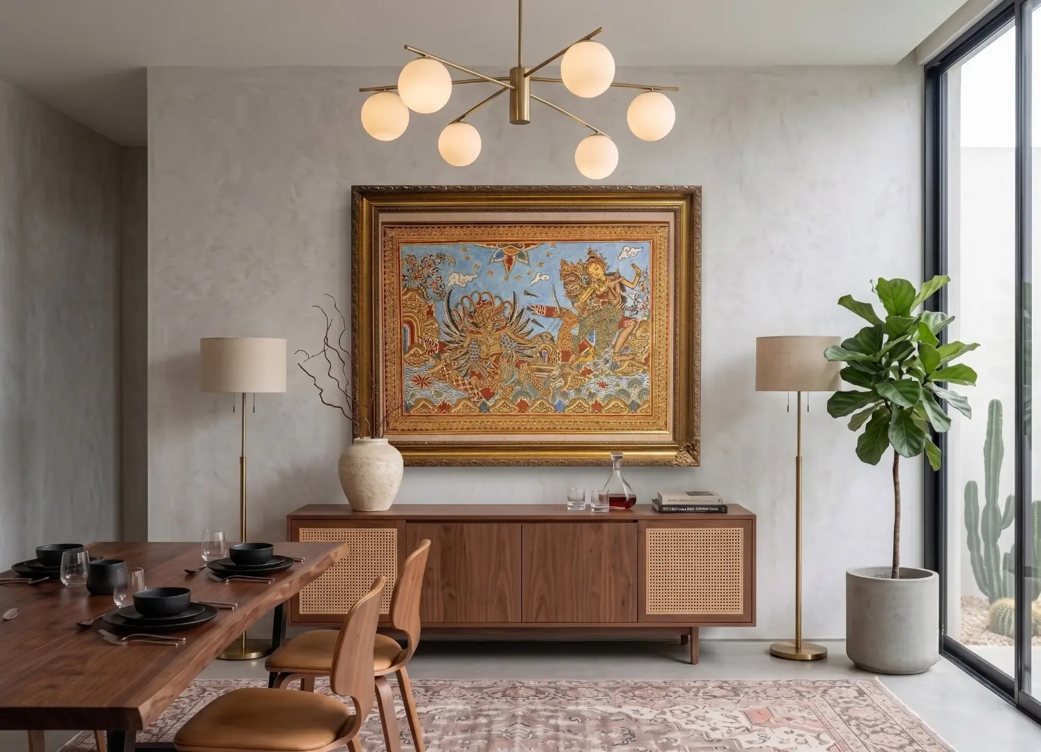 How to Choose Art in Bali — Classical Balinese Art in Modern Dining Room, Style Contrast How to choose art in Bali — classical Kamasan mythology painting in ornate gold frame above mid-century walnut sideboard in contemporary dining room with mid-century chandelier