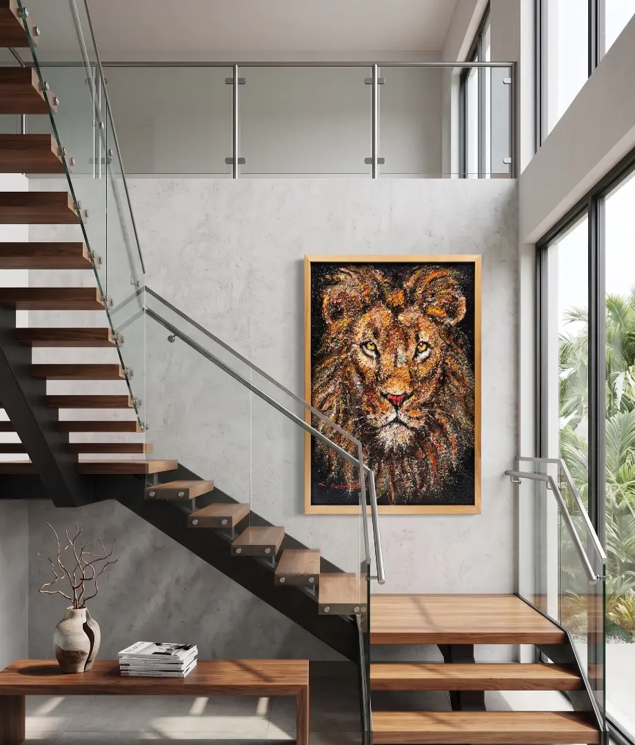 How to Choose Art in Bali — Textured Lion Painting, Dramatic Staircase Wall, Arts of Bali How to choose art in Bali — large textured mixed media lion portrait painting by Farfan in gold frame hung on double-height staircase wall in modern concrete and glass villa interior
