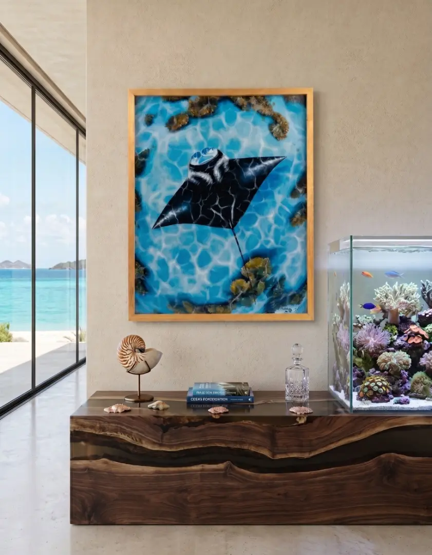 How to Choose Art in Bali — Ocean Painting in Coastal Minimalist Interior, Hyper-Realism Style How to choose art in Bali — hyper-realistic manta ray ocean painting in gold frame hung above live-edge wooden console in modern coastal villa with aquarium and ocean view