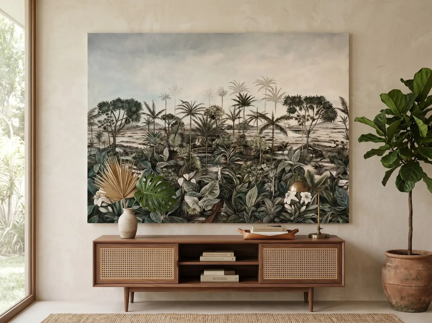 How to Choose Art in Bali — Scale Example, Large Tropical Landscape Above Console Table How to choose art in Bali — large tropical landscape oil painting hung above a mid-century modern wooden console in a neutral living room interior, showing correct scale proportion