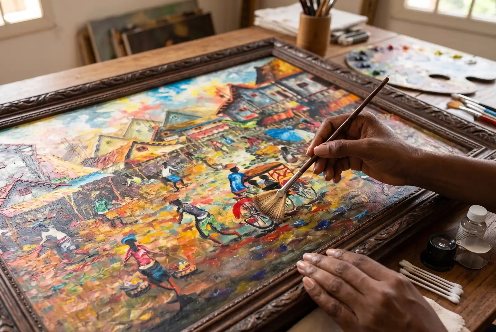 How to clean an oil painting: Arts of Bali curator using a soft dry brush to delicately remove dust from a textured canvas