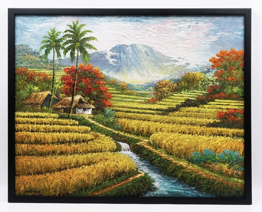 Indonesian rice field painting showing bright golden fields winding rivers and lush trees in oil on canvas original artwork Arts of Bali gallery Seminyak