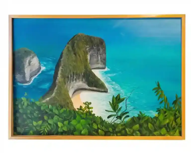 Kelingking Beach painting showing the T-Rex shaped cliff of Nusa Penida above turquoise water, acrylic on canvas
