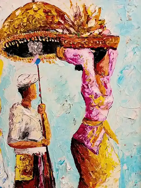 Melasti Ceremony — original Balinese painting of the purification ritual procession at the beach, Arts of Bali gallery Seminyak