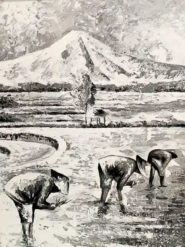 Monochrome Farmers — original Balinese painting of rice farmers in black-and-white palette knife style, Arts of Bali gallery