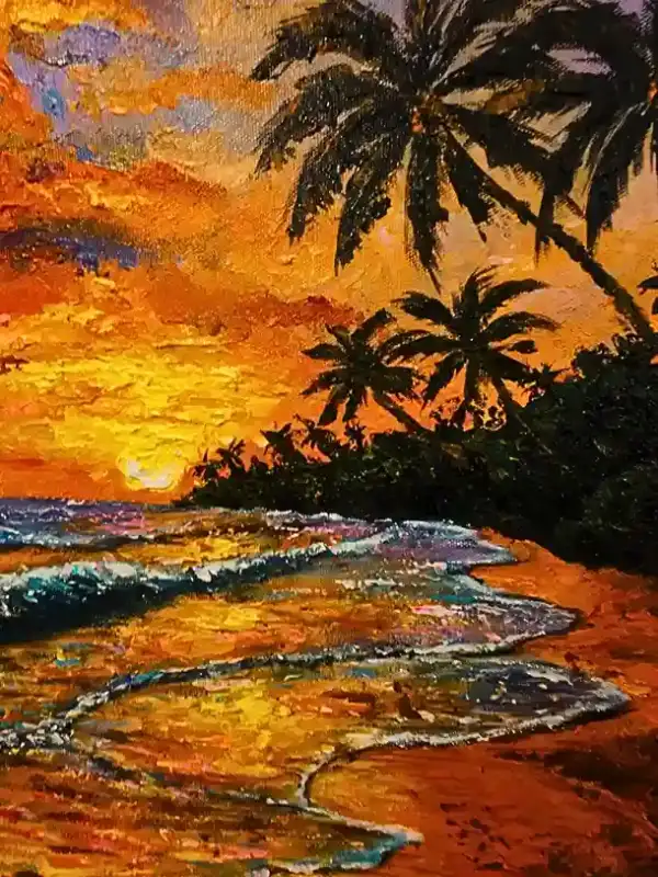 Paradise Beach Twilight — original Balinese sunset beach painting with warm golden sky, Arts of Bali gallery Seminyak