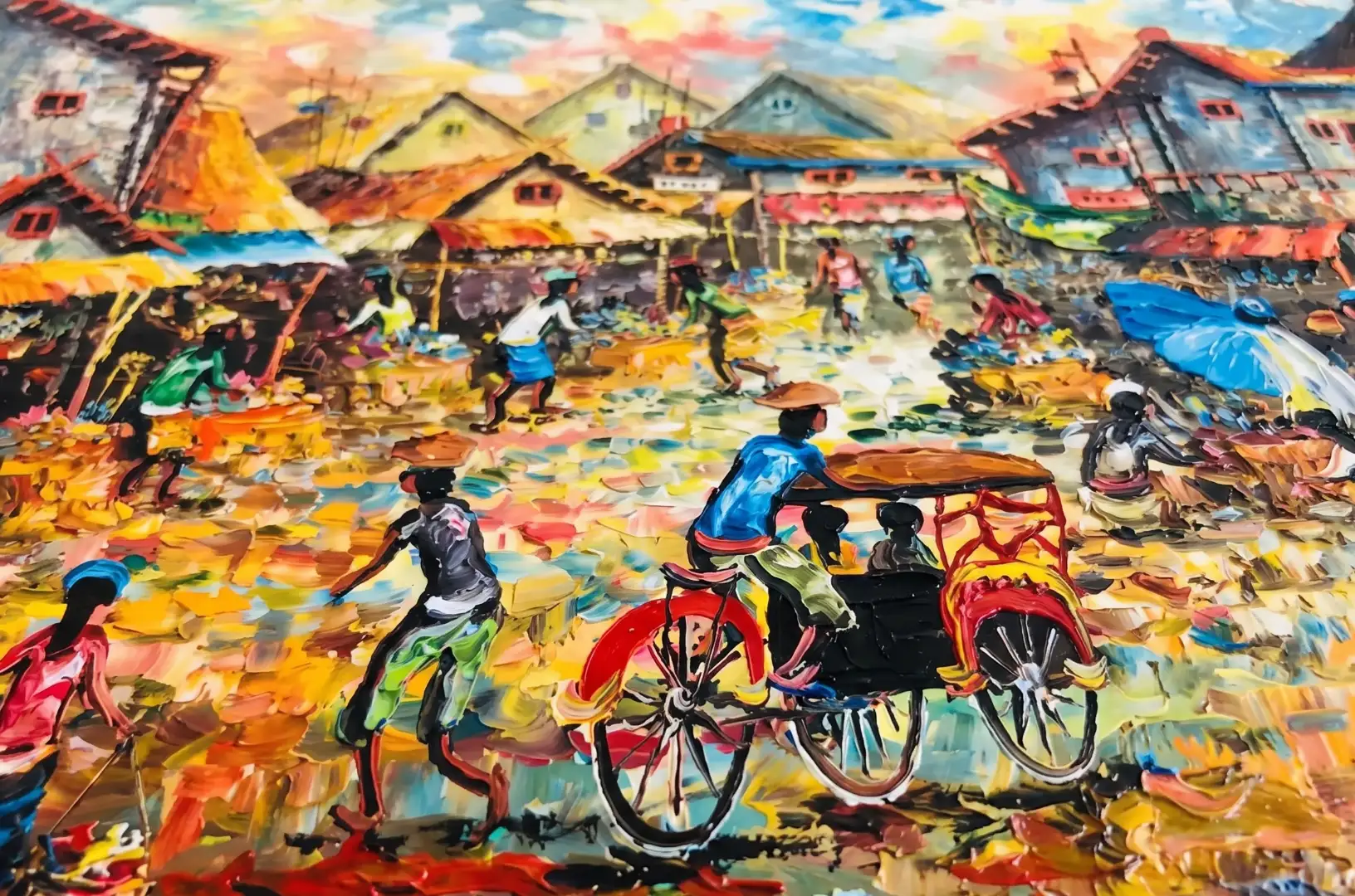 Extreme close-up of thick palette knife texture on an oil painting showing deep ridges that trap dust and humidity