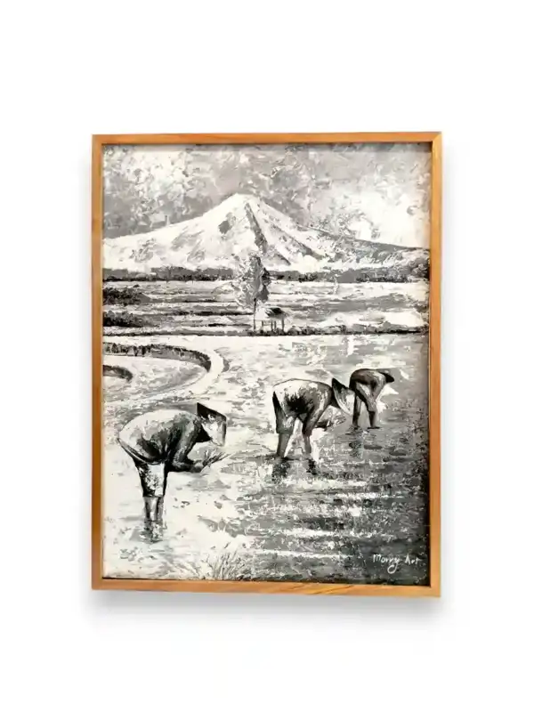 Monochrome Farmers — full canvas view of original Balinese black-and-white rice farmer painting, Arts of Bali gallery Seminyak