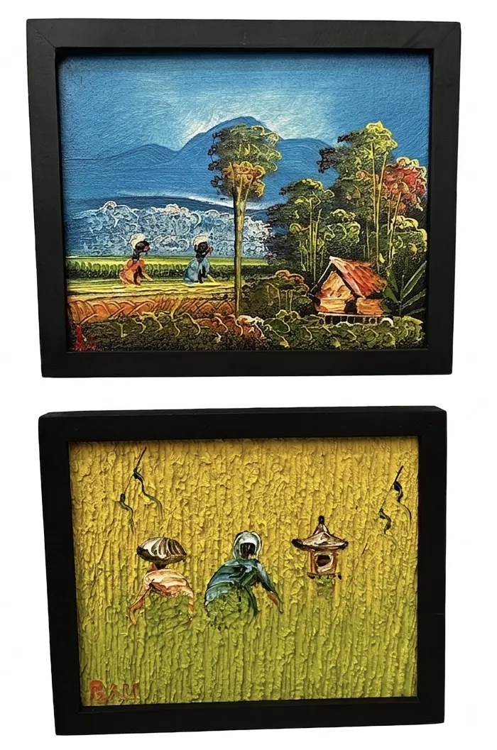 Two small framed Bali rice field paintings showing traditional farmers and abstract textures original artwork Arts of Bali Seminyak