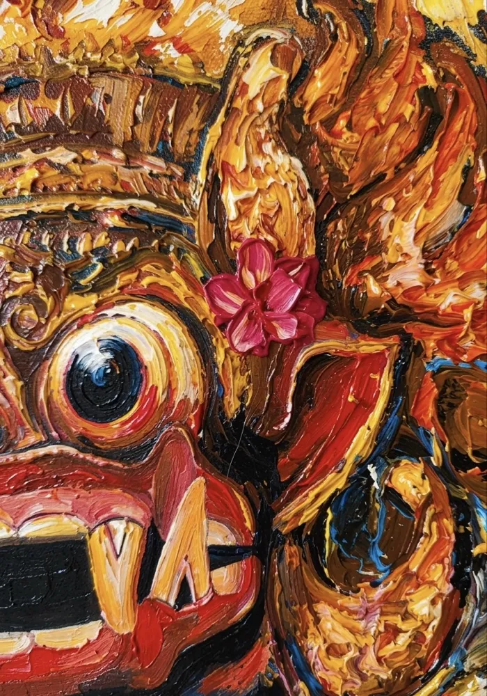 Macro close-up of palette knife impasto Barong painting — Arts of Bali