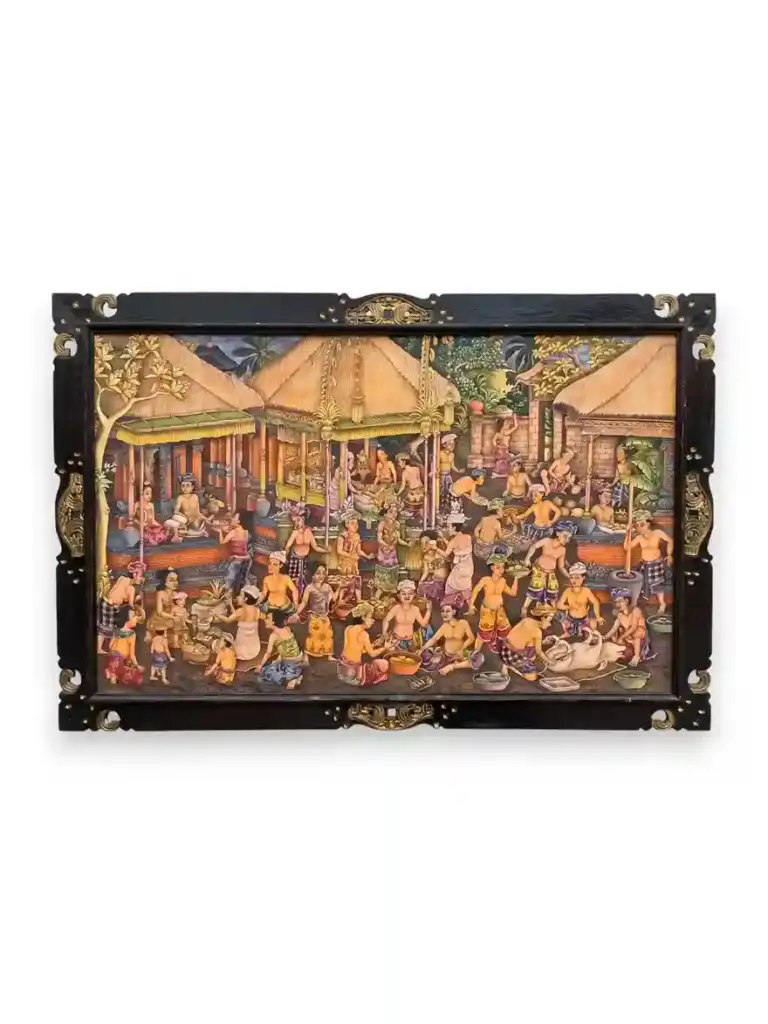 The Rhythm of Balinese Life Cycle Painting — full canvas view of traditional village life scene, Arts of Bali gallery Seminyak