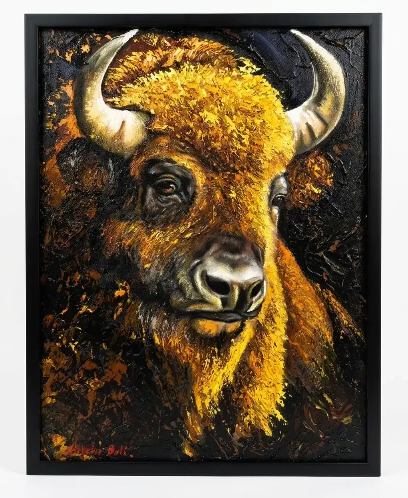 Wildlife painting Bali showing a bison portrait in thick palette knife oil technique with gold and amber tones against a dark background, black frame — original artwork by Arts of Bali gallery Seminyak