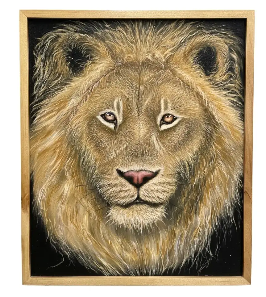 Wildlife painting Bali showing a hyperrealist male lion portrait in oil on canvas with extraordinary fur and eye detail, gold frame — original artwork by Alzen at Arts of Bali gallery Jl. Raya Seminyak No.42
