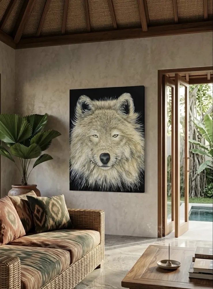 Hyper-realistic wolf oil painting by Alzhen displayed in a luxury Balinese villa — Balinese Hyper-Realism art investment 2026