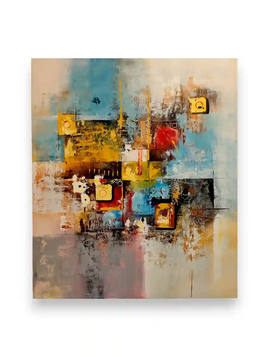 Original abstract painting with blue sky tones, yellow and gold geometric blocks, red accents, and layered textured marks in grey and earth tones, Arts of Bali gallery