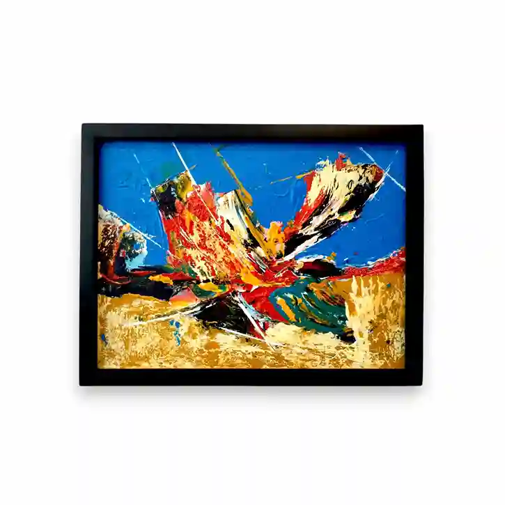 Vibrant horizontal abstract landscape painting with electric blue sky background and explosive palette knife forms in red, yellow, white, and black, Arts of Bali Seminyak gallery