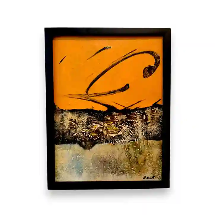 Minimal abstract oil painting divided into warm golden amber upper field with dark calligraphic gestural marks and textured grey lower ground, black frame, Arts of Bali