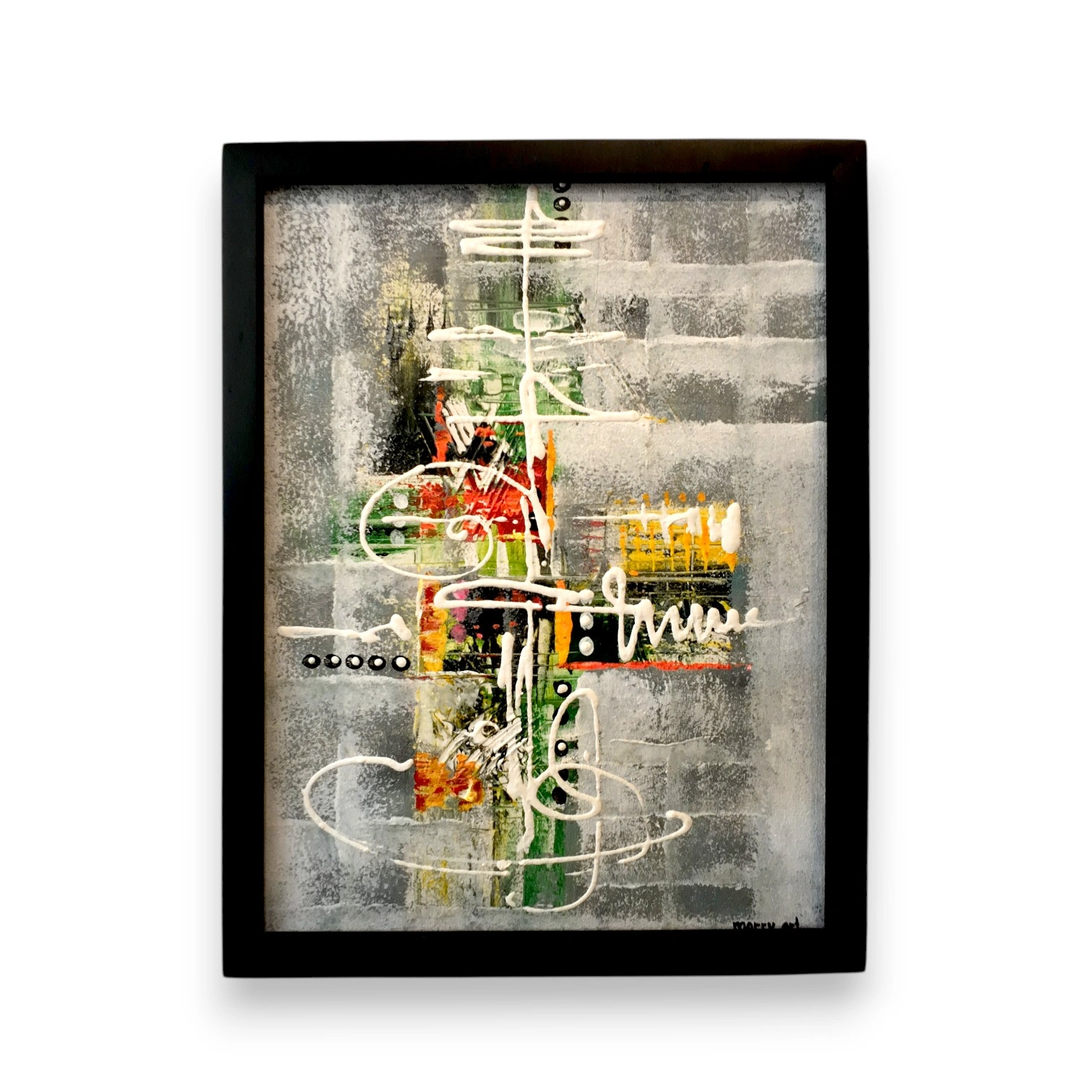 Framed abstract mixed media painting with grey textured brick-like background and white paint lines swirling over colorful red, green, and yellow patches, Arts of Bali