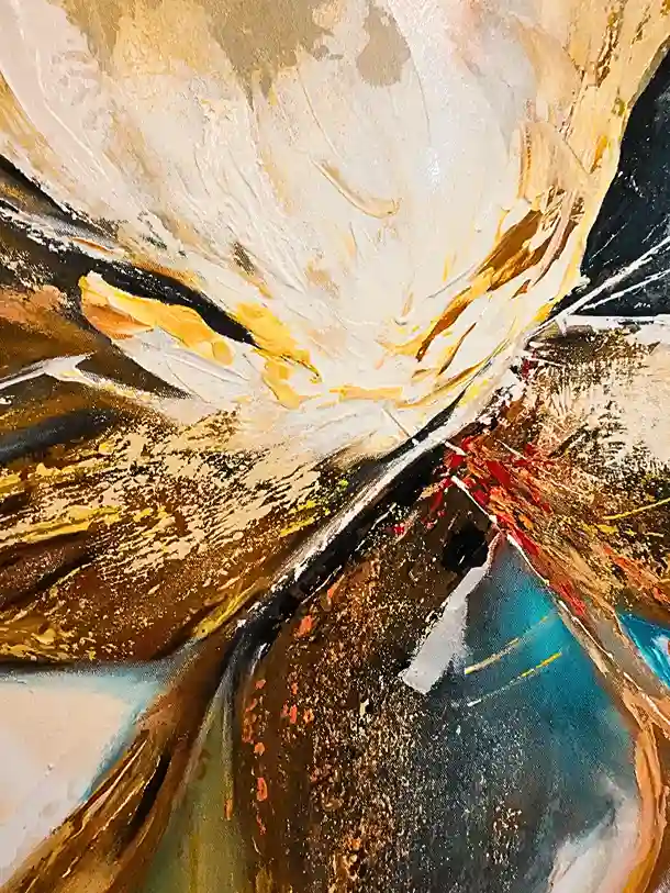 Macro close-up detail of thick impasto palette knife strokes on abstract oil painting canvas, showing dimensional layers in white, gold, brown, and teal, Arts of Bali