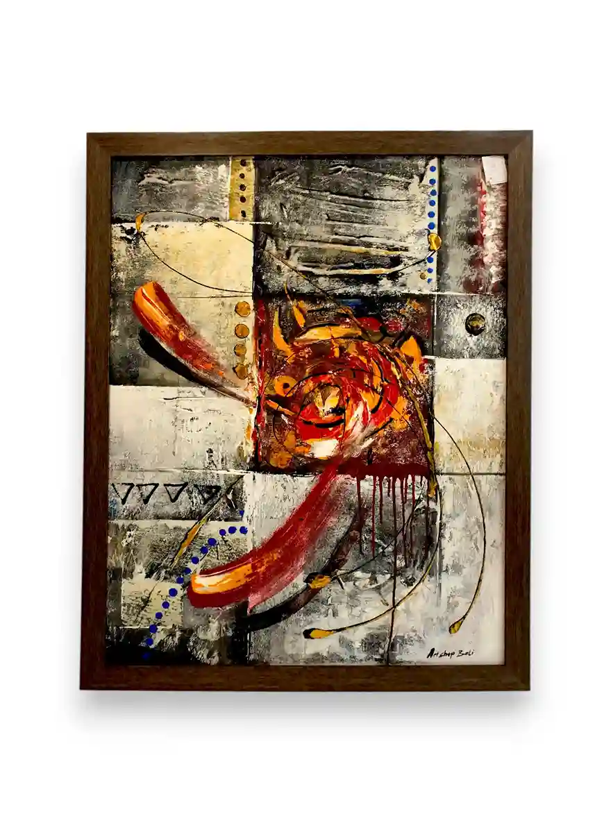 Large framed abstract oil painting with bold red and orange spiral composition over grey textured ground, Arts of Bali gallery Seminyak