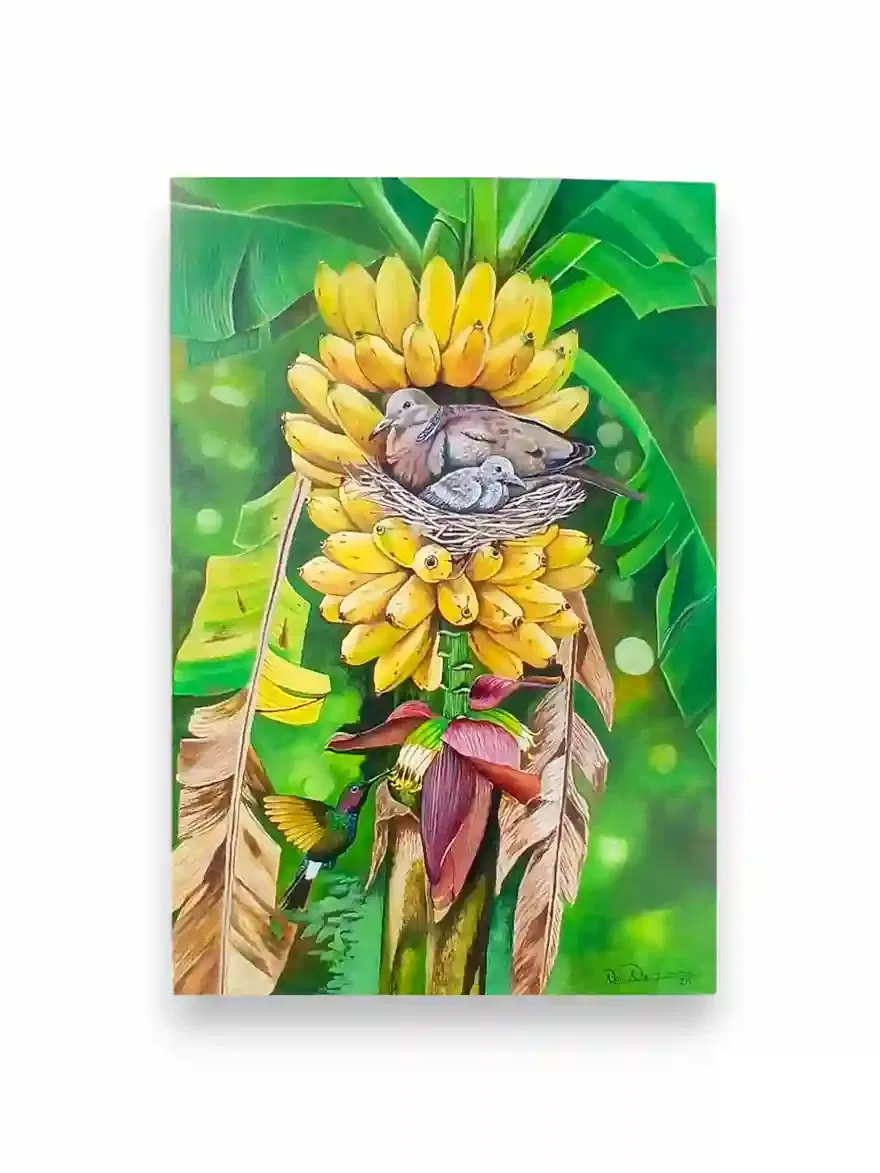 Hyperrealistic acrylic painting of a tropical banana tree with large clusters of ripe yellow bananas, two doves nesting on the fruit, and a small green hummingbird near the flowering bud, lush green banana leaf background, Arts of Bali Seminyak