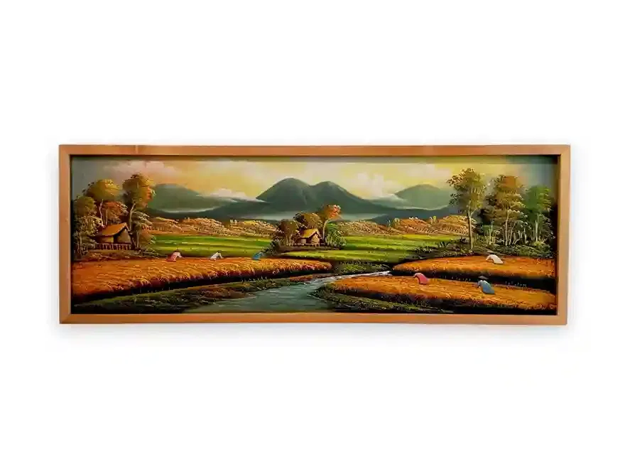 Panoramic acrylic painting of Balinese rice fields at harvest in golden amber tones with small farmer figures, river running through the center, mountains in blue-grey background, traditional style, wood frame, Arts of Bali gallery
