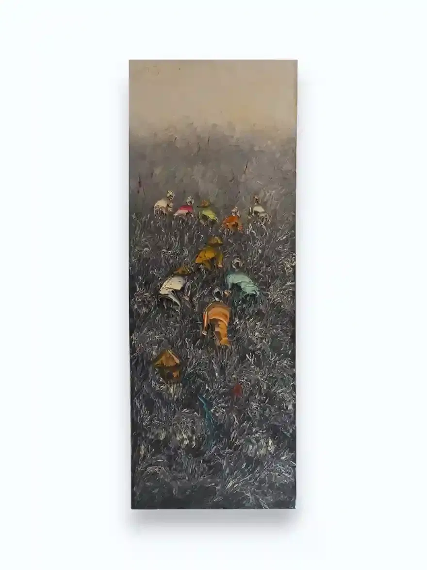 Contemporary acrylic painting showing Balinese rice field farmers viewed from above as small figures with colorful traditional head coverings scattered across a dark moody field ground, tall vertical canvas, Arts of Bali gallery Seminyak