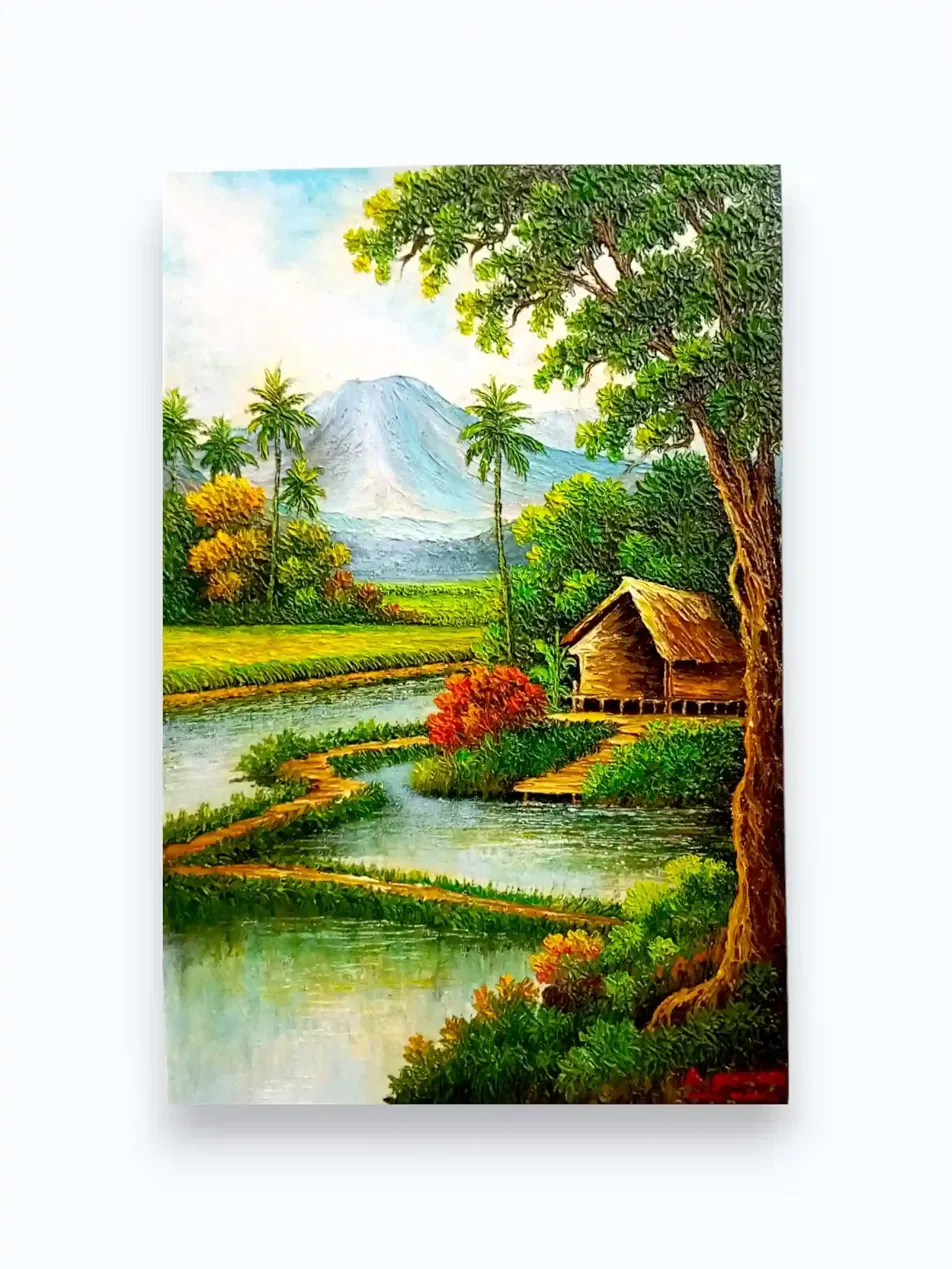 Acrylic painting of Balinese village landscape with lush green rice paddies, water channel, traditional thatched-roof hut, large tropical tree, red flowering plants, and blue volcano in background, Arts of Bali Seminyak