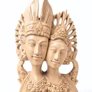 Balinese Bridal Harmony — original hand-carved wood sculpture of Balinese wedding couple, Arts of Bali gallery Seminyak