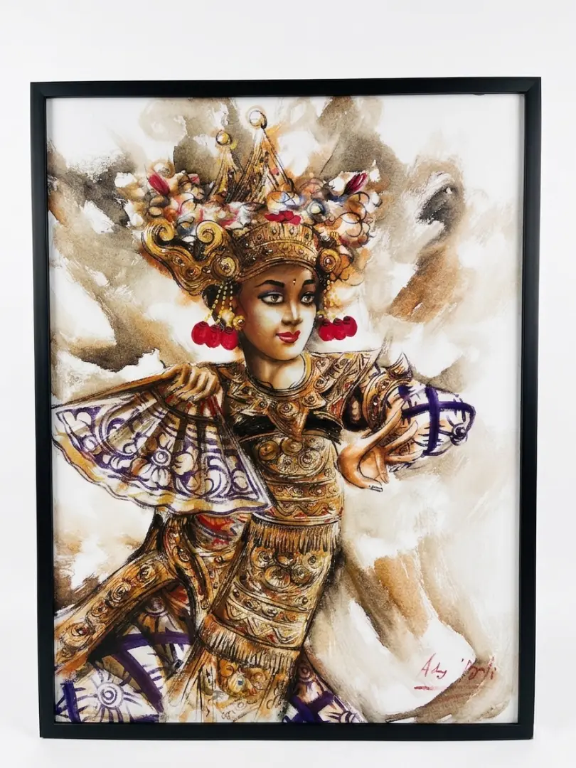 The Golden Dancer — single Balinese Legong dancer in ceremonial costume, watercolor and ink mixed media painting Bali, Arts of Bali Seminyak