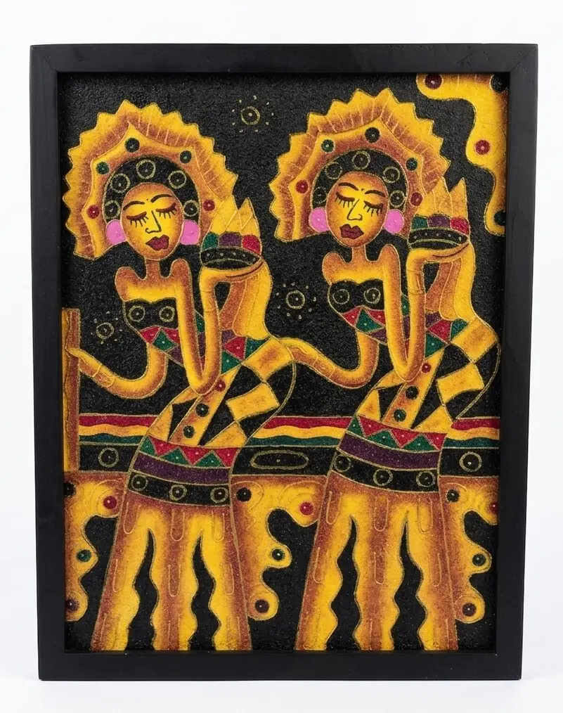 Golden Legong in Night — two Balinese Legong dancers in decorative gold-on-black painting style, traditional Bali dance subject, Arts of Bali