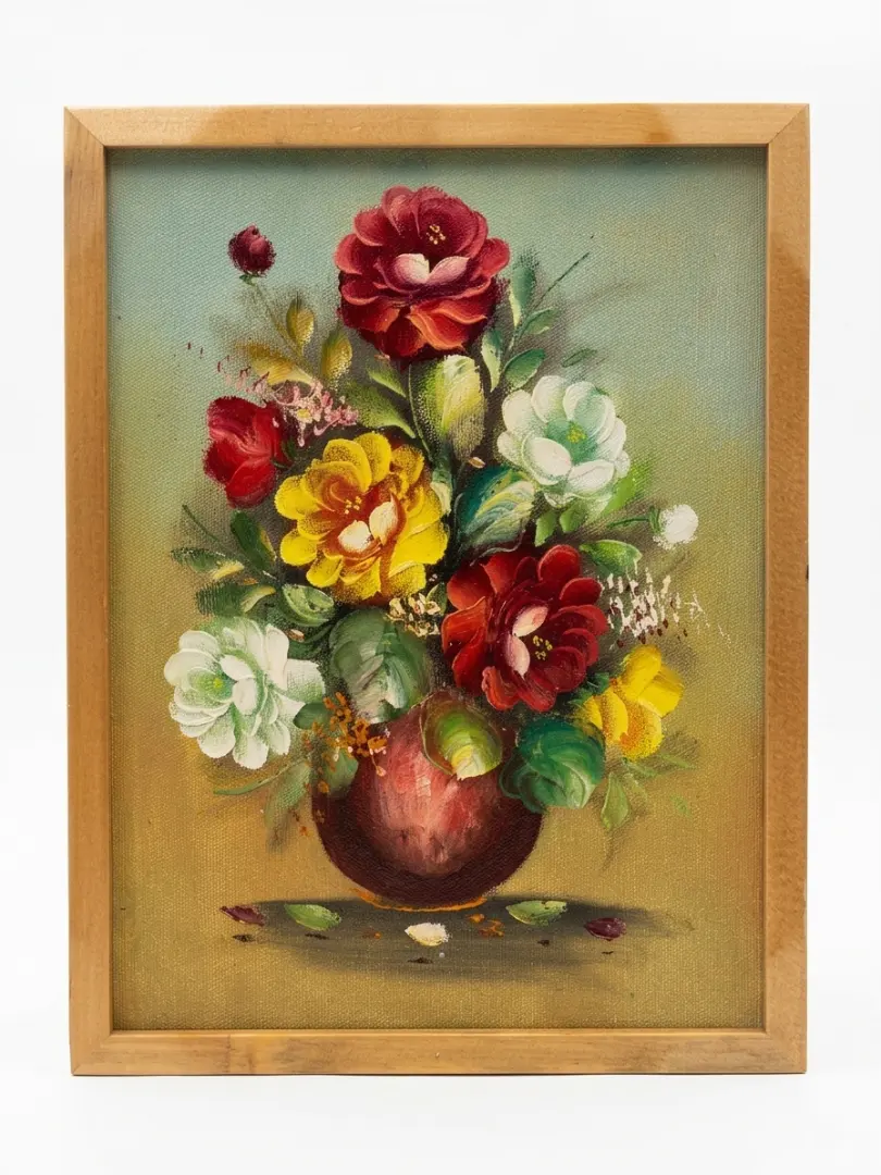Classical flower bouquet oil painting in natural wood frame — mixed roses in dark vase, Balinese artist, Arts of Bali Seminyak