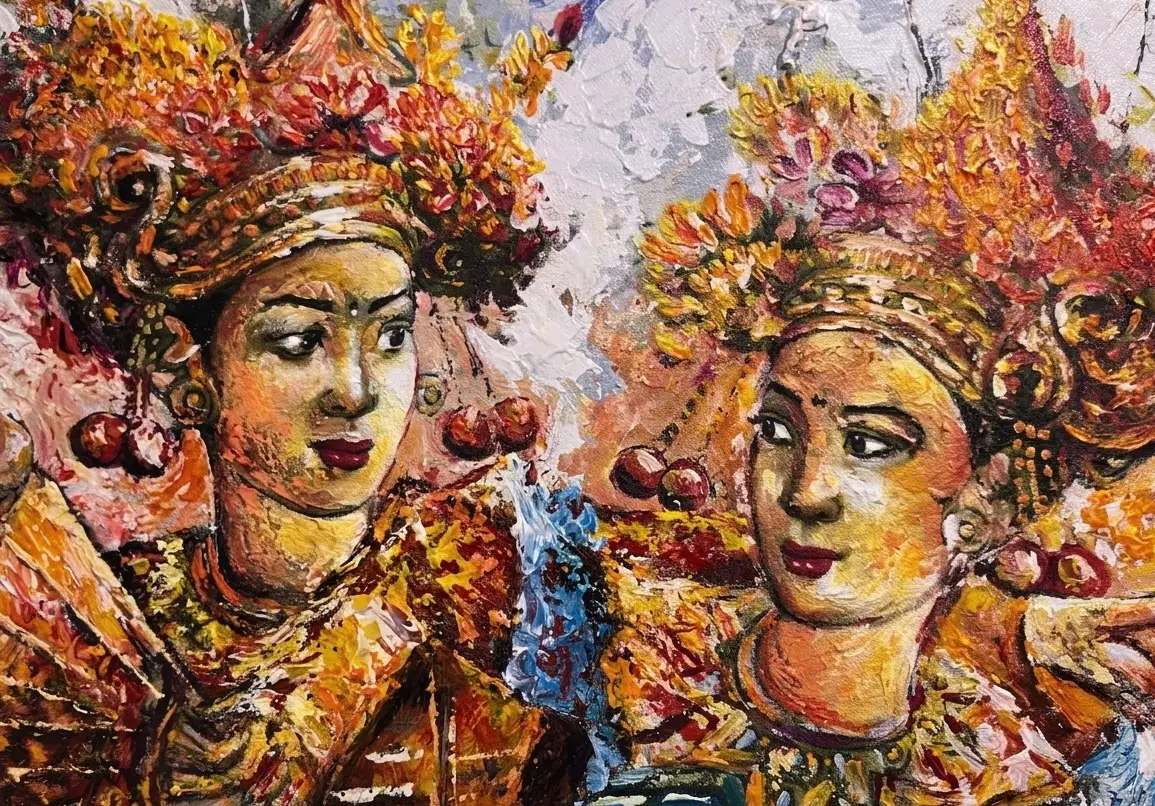 Close-up detail of Sacred Legong — faces of two Balinese Legong dancers, palette knife impasto texture, warm gold and red pigments, Arts of Bali Seminyak